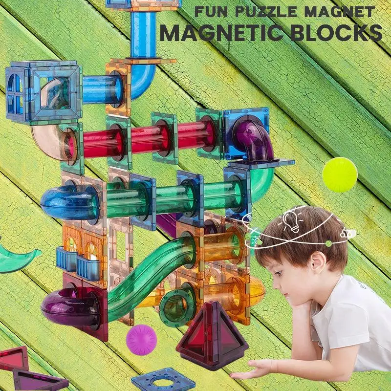 Дайте безкрайно забавление и обучение с магнитен градивен елемент Marble Track - идеална образователна играчка със собствените си ръце0