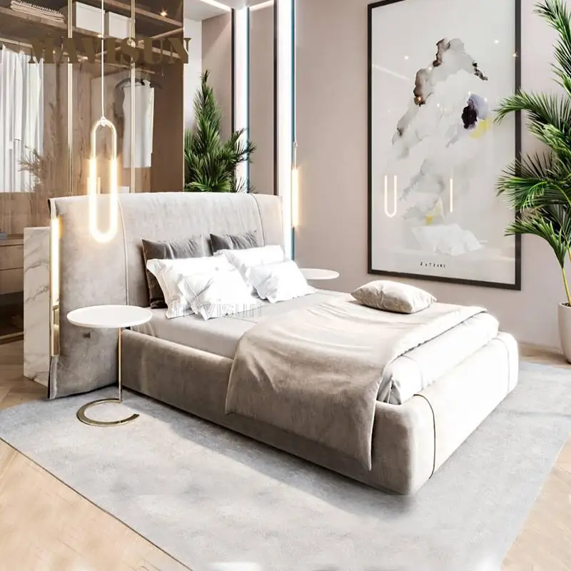 Италиански стил е Лесна Луксозна тъканно легло Спалня Замшевая двойно легло Дизайн голям апартамент Домакински мебели и Висококачествени консумативи0