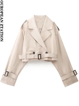PAILETE Дамска мода 2023 година с колан, двубортная укороченная яке, палто, ретро яка с ревери, дълъг ръкав, дамски връхни дрехи, луксозни върховете