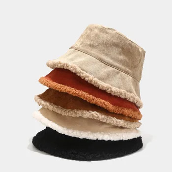 Гореща разпродажба, дамска шапка-кофа от изкуствена кожа, зимни руното шапка от вълна от овце, вельветовые рибарски шапки, слънчеви панама
