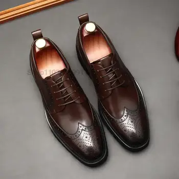 Италиански стил, кафяви, черни на модела обувки-oxfords от естествена кожа, висококачествени костюмные обувки-броги дантела, сватбена официалната мъжки обувки