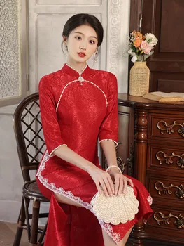 Китайските жени, шифоновый Чонсам с ръкави в седем точки, елегантна яка-часова, бродирани с мъниста дантелени сватбени рокли Ципао