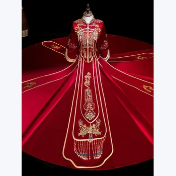 Костюм Xiuhe, червената сватбена рокля за нова булка, китайски костюм от висок клас, монтиране костюм за наздравици, сватбен костюм, палто с дракон и Фениксом, лято