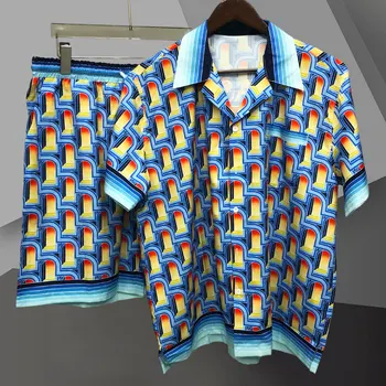 Летен кратък топ с ревера и контрастни геометрични принтом за мъже casual комплект, градинска риза, костюм, комплект ризи с къси ръкави, Homme