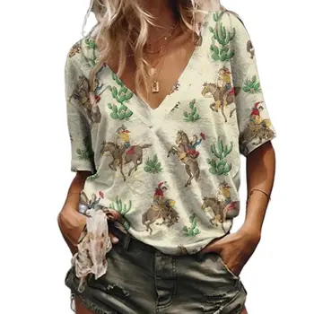 Модни тениски за жени, Летни Дамски блузи Y2k, тениски с V-образно деколте и къс ръкав с 3d животно принтом, Новост 2023, женска тениска Оверсайз