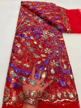 Модни червена африканска лейси плат с пайети, тюлевая мрежа, дантела с бродерии и за сватбата, висококачествени рокля ръчна изработка от мъниста