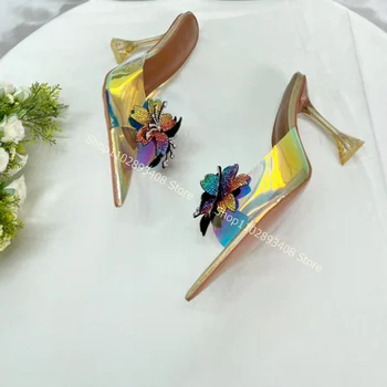 Остри пръсти Кристал цвете чехли приплъзване на плитка чаша петата дамски летни обувки с кратка модни обувки zapatillas размер жени