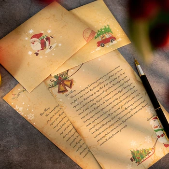Реколта коледна Крафт-хартия за писма, подаръчни пликове, Дядо Коледа и Снежен човек със стикери, покани за Коледно парти, поздравителна картичка с ръцете си