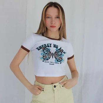 Реколта тениска с принтом пеперуди, летен съкратен топ с къс ръкав, оборудвана приятелка, на база съкратен топ 2023, ретро-естетически тениски с графичен дизайн, облекло