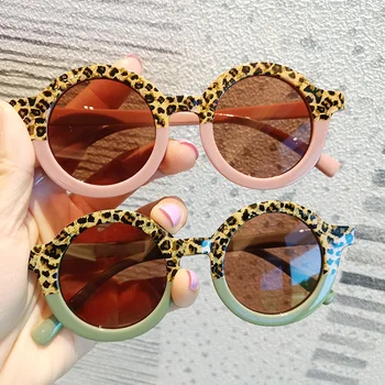 Слънчеви очила с изображение на леопард, под формата на кръгли, два цвята, vintage слънчеви очила за защита от слънцето, класически детски поляризирани слънчеви очила