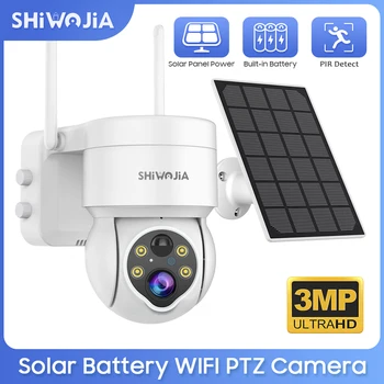 Слънчево помещение SHIWOJIA, външна, безжична Wifi PTZ камера, 3-мегапикселова система за сигурност, слънчеви панели, двупосочна аудио, откриване на PIR, видеонаблюдение