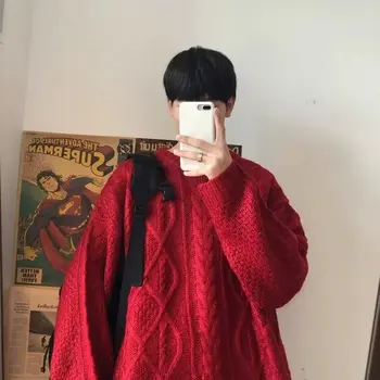 Червен пуловер с обрат във формата на годината на животното, мъжки зимни тежък дебел пуловер с мързеливи вятъра, оверсайз за двойки, пуловер с дъното