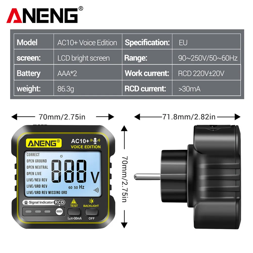 ANENG AC10 Тестер контакти, детектор на нулевата линия, проверка на поляритета на фаза, детектор фаза, САЩ/ЕС, мултицет, цифров тестер5