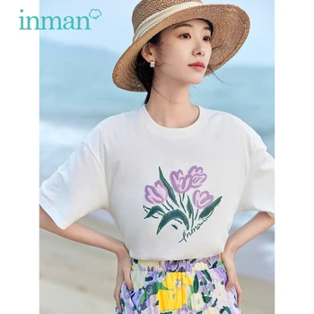 Женска тениска INMAN 2023, Летни Свободни Тениски с къс ръкав и кръгло деколте, 3D Цвете Бродерия, Ежедневни Универсални Бели, Лилави Върховете