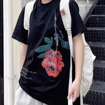 Тениска Йоджи Ямамото с къси ръкави в стил Ретро, Модерни Ежедневни мъжки И дамски блузи с шарките на Червени Рози