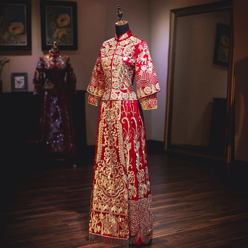 Ancient Chinese Wedding Dress Golden Red Embroidery Banquet High-quaity Classic Рокли Китай Qipao за ориенталски костюм0