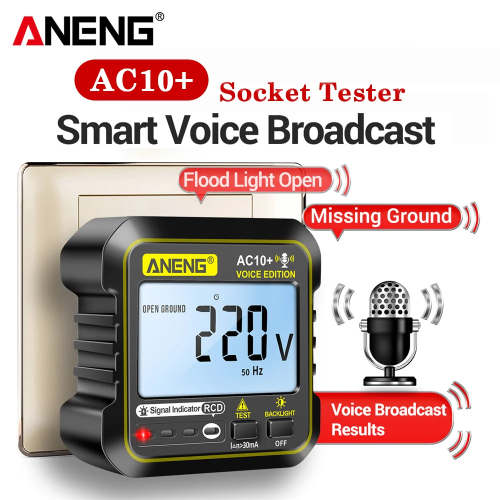 ANENG AC10 Тестер контакти, детектор на нулевата линия, проверка на поляритета на фаза, детектор фаза, САЩ/ЕС, мултицет, цифров тестер0