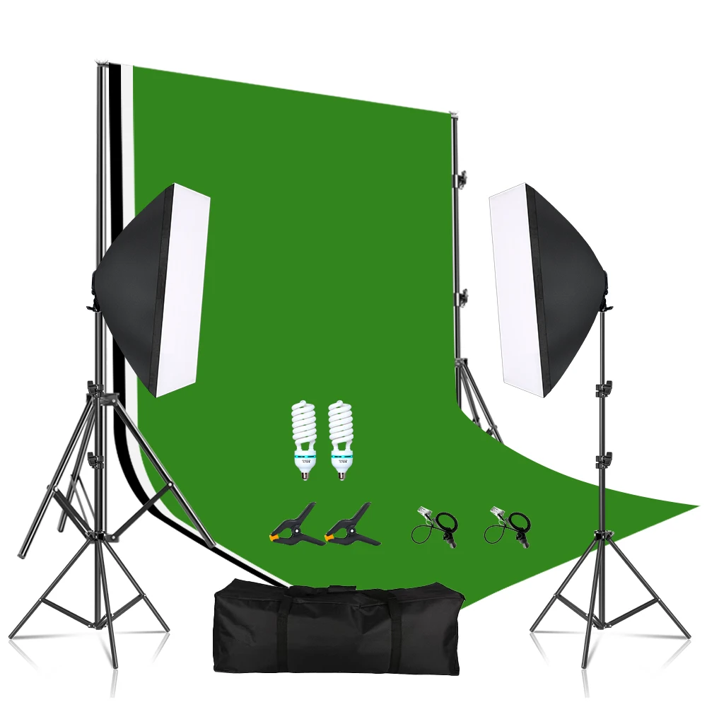 Комплект софтбокса за фото студио мощност 135 W, комплект непрекъснато осветление, поставка за софтбокса за фон, черно, бяло, зелено, комплект референтна рамка за декори0