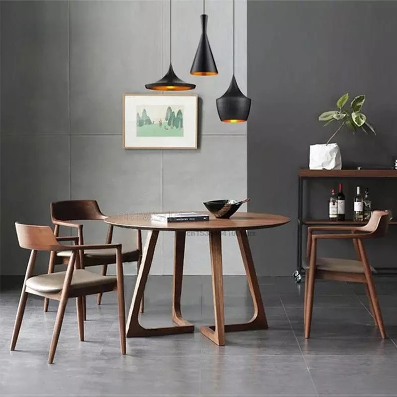 Минималистичная комбинация маса за хранене и столове и интериор в японски стил, малка кръгла маса от масивно дърво, съвременни мебели за всекидневна0