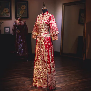Ancient Chinese Wedding Dress Golden Red Embroidery Banquet High-quaity Classic Рокли Китай Qipao за ориенталски костюм