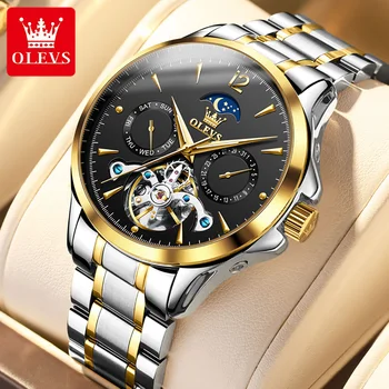 OLEVS 6663 Водоустойчив автоматичен часовник от неръждаема стомана, мъжки механични часовници, Луксозни бизнес календар, фаза на Луната, ръчни часовници, мъжки
