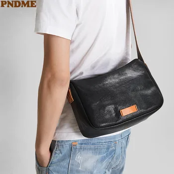PNDME модерна луксозна мъжка черна чанта-месинджър от естествена кожа, ежедневни дизайнерска чанта от естествена висококачествена телешка кожа за тийнейджъри, чанта през рамо