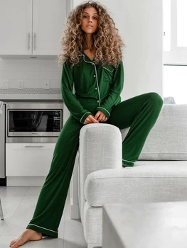 Restve Плетени дамски комплекти нощен дрехи от 2 теми, зелени пижама с дълъг ръкав, дамски брючные костюми, обикновена ежедневни зимни пижами 2022 г.