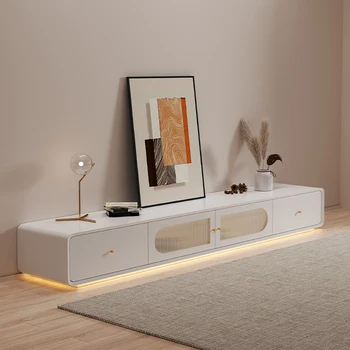 Бял шкаф за телевизионни конзоли, модерен дървен шкаф с led осветление, поставка за телевизор, подпомагаща мебели за TV-салон MQ50DS