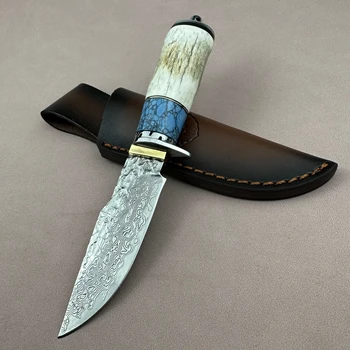 Великолепен нож ръчна изработка VG10 Damscus Острие ръкохватка от оленьего рога с месингова глава кожени сабя премиум-клас Perfect Collection