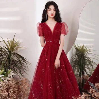 Висококачествено червено сетчатое женствена рокля с V образно деколте и пухкави ръкави от Елегантни вечерни рокли дамски висока талия реколта дамски дрехи Vestidos