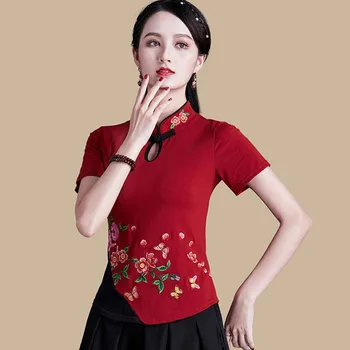 Дамски потник размер на плюс от памучен плат 2023, бродерия, сплайсинг, яка-часова, къс ръкав, ризи Ципао в китайски стил