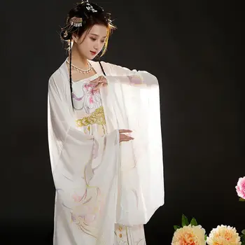 Древнекитайский традиционен Ханфу за жени на династията Тан Пролетно бродерия позлата бяла пола-чебула Костюми 3 бр. пълен комплект