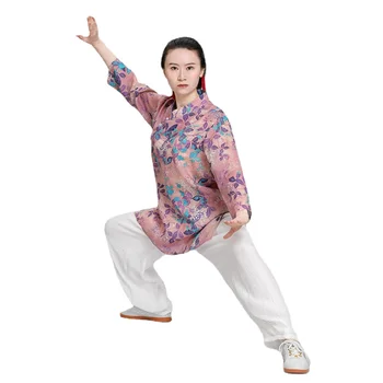 Женски костюм Ramie Тай Джи с къси ръкави, дрехи за практикуване на бойни изкуства с тънък принтом, дрехи за изпълнения на сцената