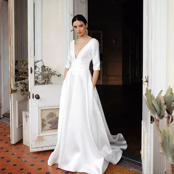 Идеалното елегантна просто сватбена рокля 2023 година с V образно деколте и дълъг ръкав, без облегалка, с джоб, с влак, Robe De Mariee