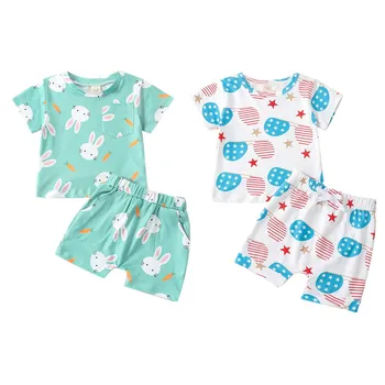 Комплект дрехи за бебета момичета и момчета от 2 теми, блузи с къс ръкав и принтом заешко и моркови + шорти, комплект