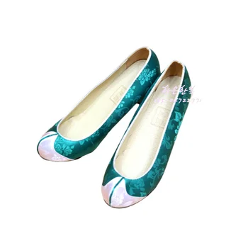 Корейски вносни традиционните обувки-ханбок на куки /Паунов зелени сатенени обувки-ханбок на висок ток 5 см /HE-W1027