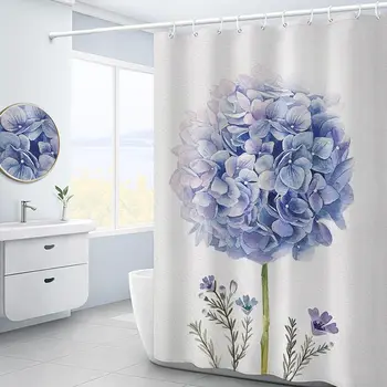 Лилаво цвете хортензия, бяла завеса за душ, пейзаж, 3D зелено растение, водонепропусклива завеса за баня, интериор на екрана за баня