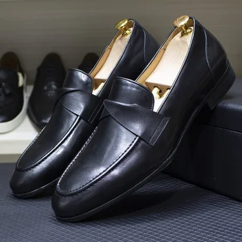 Луксозни мъжки лоферы от естествена кожа ръчно изработени, без шнур, офис и бизнес модела обувки за сватбеното парти за мъже, ежедневни обувки-лоферы