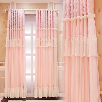 Луксозни розови дантелени завеси в корейски стил, благородна двупластова плътна завеса в стил принцеса на спални момичета, хол