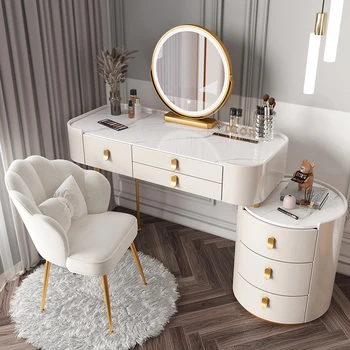 Луксозно голямо огледало за съхранение на грим Порцелан Скандинавски бял Многофункционален тоалетка с Модерни мебели за спалня
