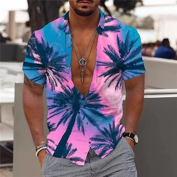 Мъжки тропически хавайски ежедневни риза с голям 3D принтом за лятната почивка на плажа, на яката-часова, къс ръкав, отгоре с флорални принтом, Y2k Harajuku