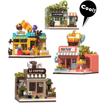 Набор от градивни блокове с изглед към улицата, кафе-сладкарница с изглед към града, комплекти тухли 