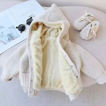 Обикновен всекидневен пуловер с качулка за малки деца, дебела жилетка от овче плюшени, детско есенно-зимно палто с дълги ръкави