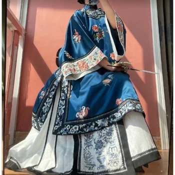 Оригинални старинни дрехи на династията Цин, китайската традиционна дамски дрехи, ретро чонсам с дълъг ръкав и яка-часова с принтом