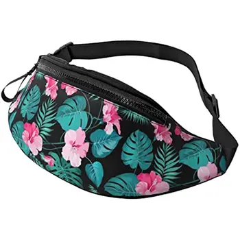 Поясная чанта унисекс с гавайским розов цветен принтом, поясная чанта с регулируема каишка, чанта през рамо за пътувания, туризъм, спортни, ежедневни полиестер