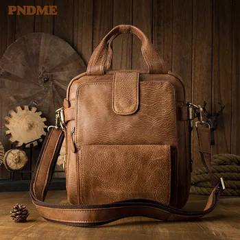 Реколта мъжка чанта ръчна изработка от естествена телешка кожа, бизнес чанти-месинджър на рамото, ежедневни работна кафява чанта от естествена кожа, портфолио