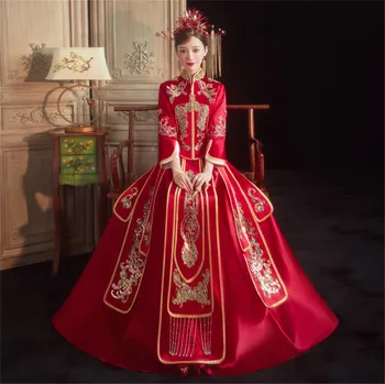 Ретро китайското сватбена рокля с пайети, мъниста и бродерии, традиционен яка-стойка за булката и младоженеца Чонсам Сватбена рокля