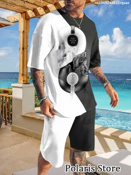 Черно-бял комплект мъжки дрехи спортен костюм и Тениска с къс ръкав Плажни шорти костюм от 2 теми Ежедневни спортни дрехи голям размер