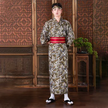 Японски традиционен комплект кимоно с принтом кафяви вълни, cosplay, Самурай, Хаори, Оби, мъжка жилетка, плажна юката, азиатски облекло