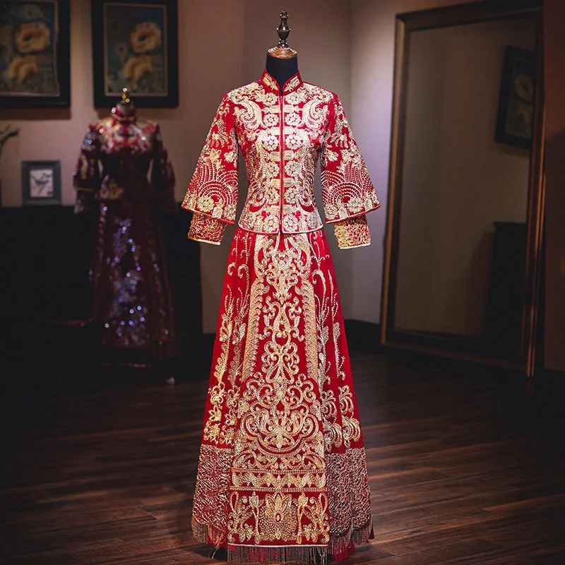 Ancient Chinese Wedding Dress Golden Red Embroidery Banquet High-quaity Classic Рокли Китай Qipao за ориенталски костюм1